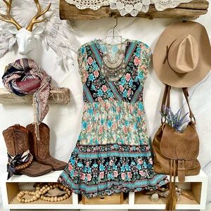 Enchanting folk gypsy floral boho dress w prairie Country shabby chic feel